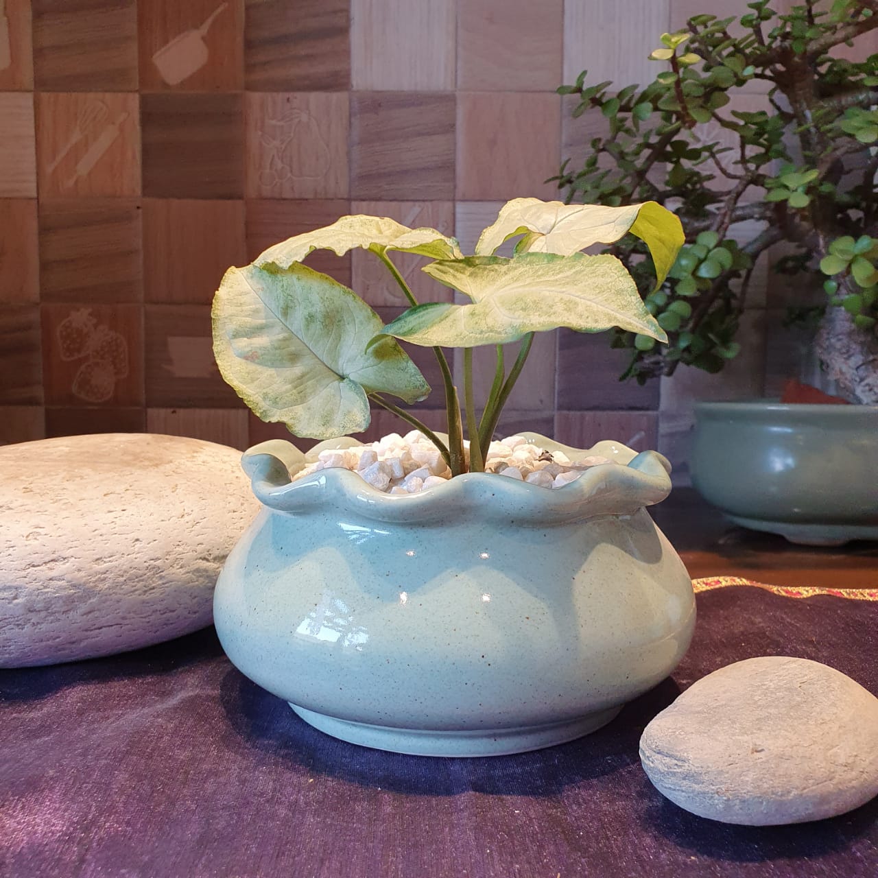 Elegant Floral Round Ceramic Planter, Outdoor and Indoor Planter, Ceramic Planter for Real Plants, 14.5 x 14.5 x 13.5 cm (Teal)