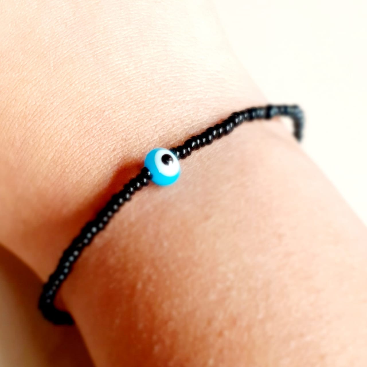 ATM Evil Eye Bracelet for Couples, Light Blue Evil Eye with Black Beads for Good Luck and Prosperity, Nazariya, Nazar Battu, Evil Eye Charm Bracelet , Flexi Cord (2 Pieces)