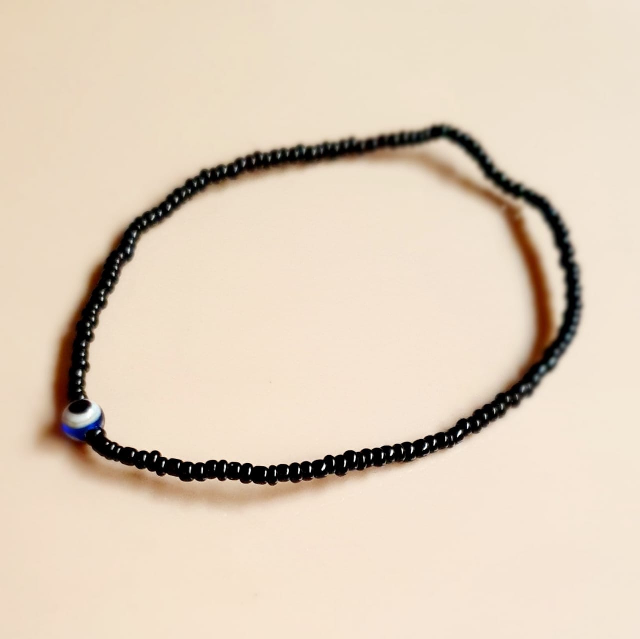 ATM Evil Eye Bracelet, Small Blue Evil Eye with Black Beads for Good Luck and Prosperity, Nazariya, Nazar Battu, Evil Eye Charm Bracelet , Flexi Cord (1 Piece)