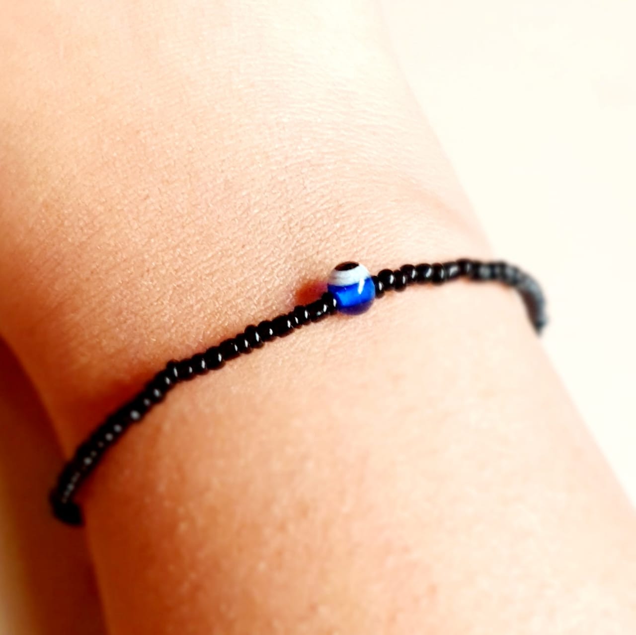ATM Evil Eye Bracelet, Small Blue Evil Eye with Black Beads for Good Luck and Prosperity, Nazariya, Nazar Battu, Evil Eye Charm Bracelet , Flexi Cord (1 Piece)