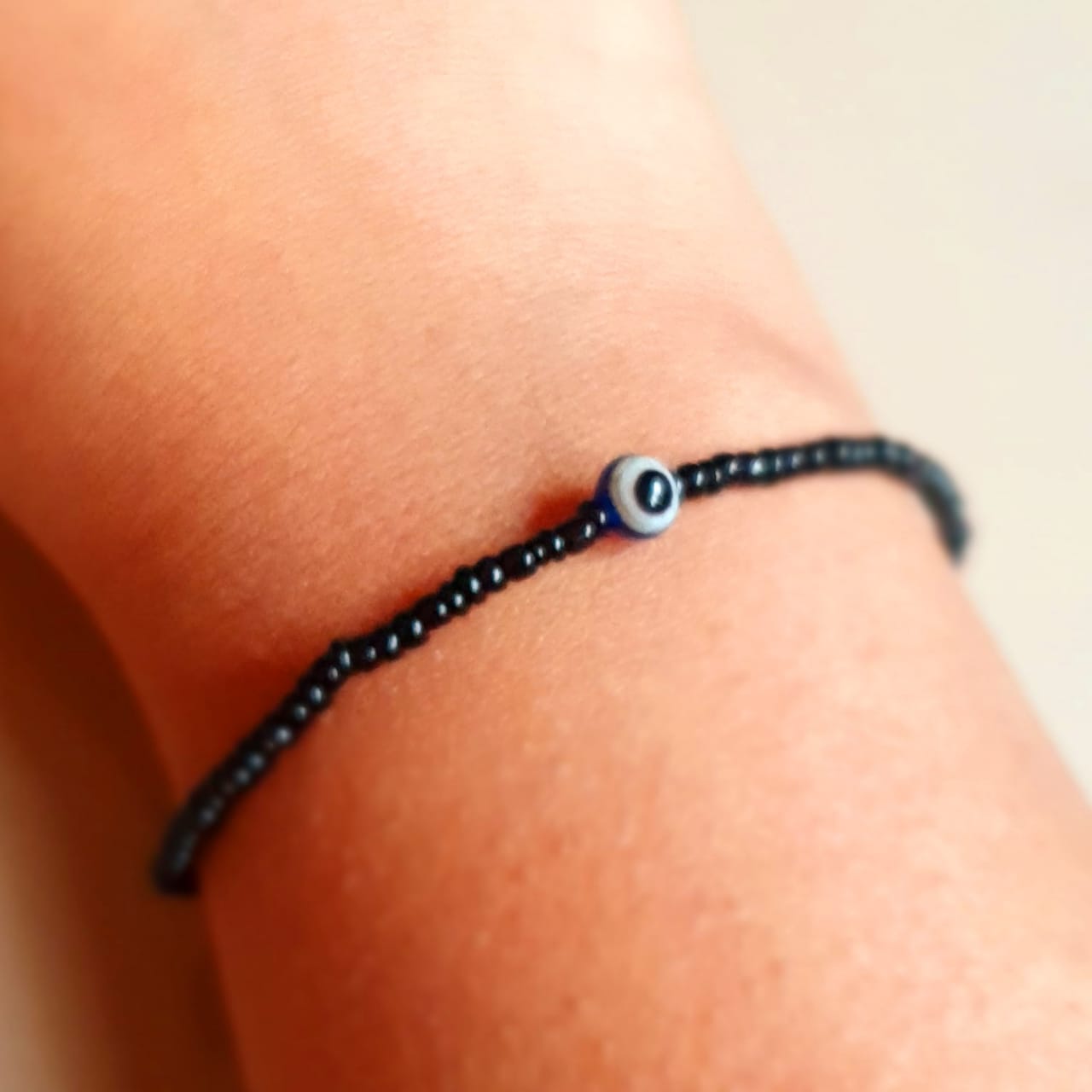 ATM Evil Eye Bracelet, Small Blue Evil Eye with Black Beads for Good Luck and Prosperity, Nazariya, Nazar Battu, Evil Eye Charm Bracelet , Flexi Cord (1 Piece)