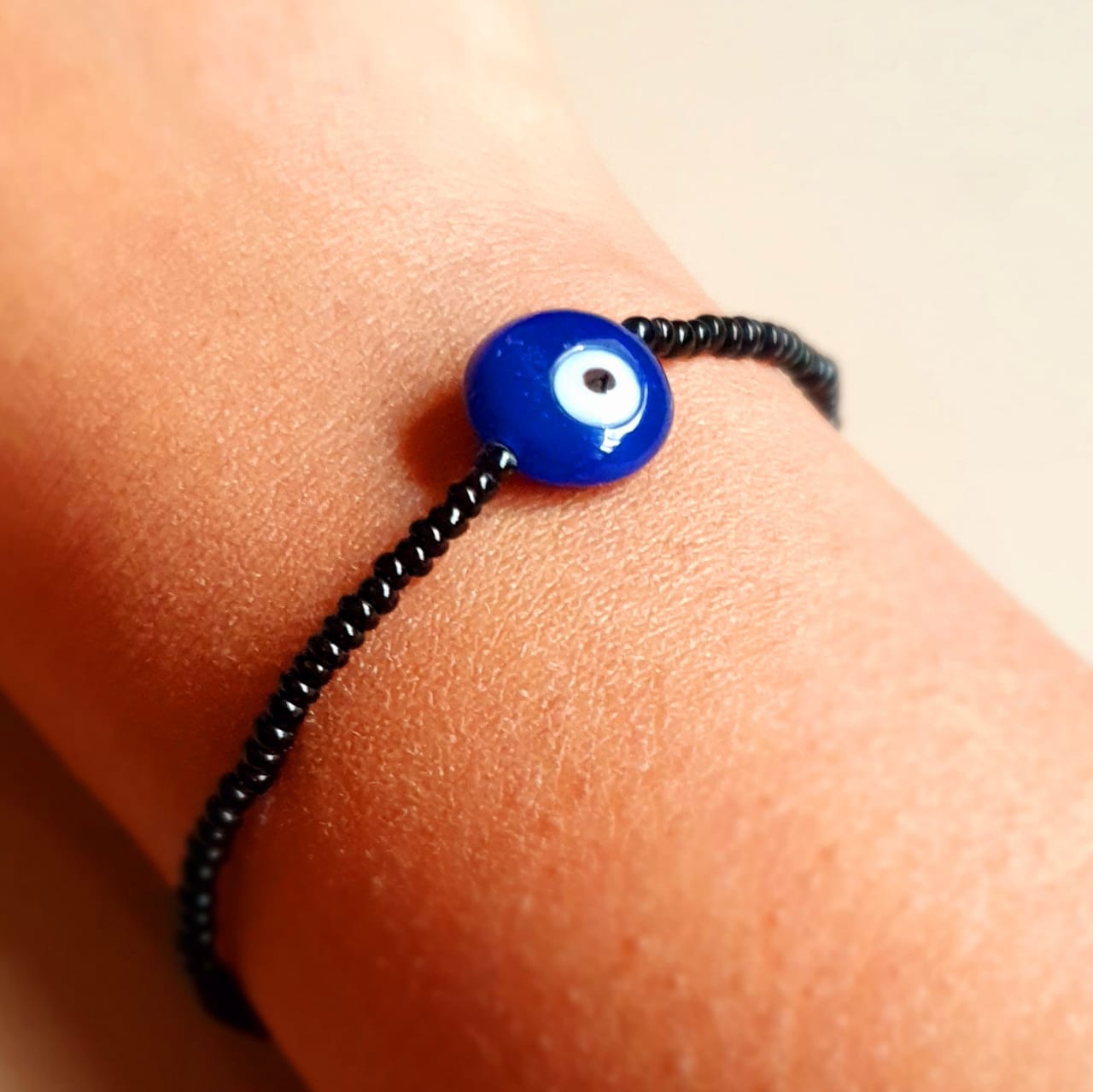 ATM Evil Eye Bracelet, Flat Blue Evil Eye with Black Beads for Good Luck and Prosperity, Nazariya, Nazar Battu, Evil Eye Charm Bracelet , Flexi Cord (1 Piece)