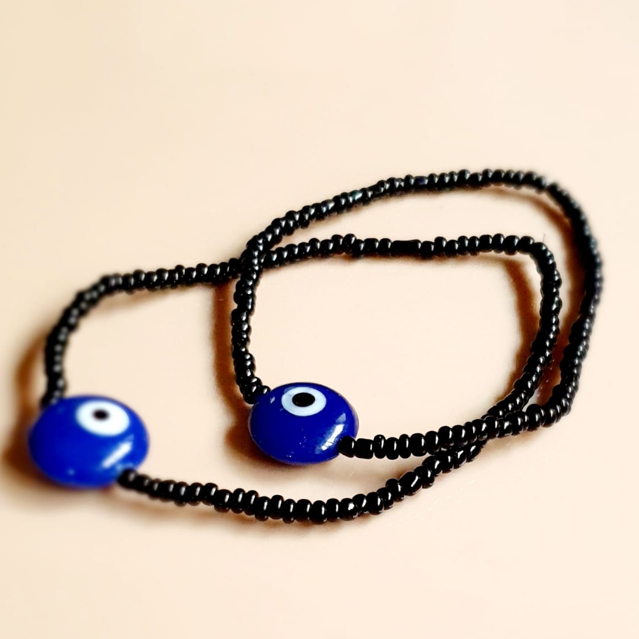 ATM Evil Eye Bracelet for Couples, Flat Blue Evil Eye with Black Beads for Good Luck and Prosperity, Nazariya, Nazar Battu, Evil Eye Charm Bracelet , Flexi Cord (2 Piece)