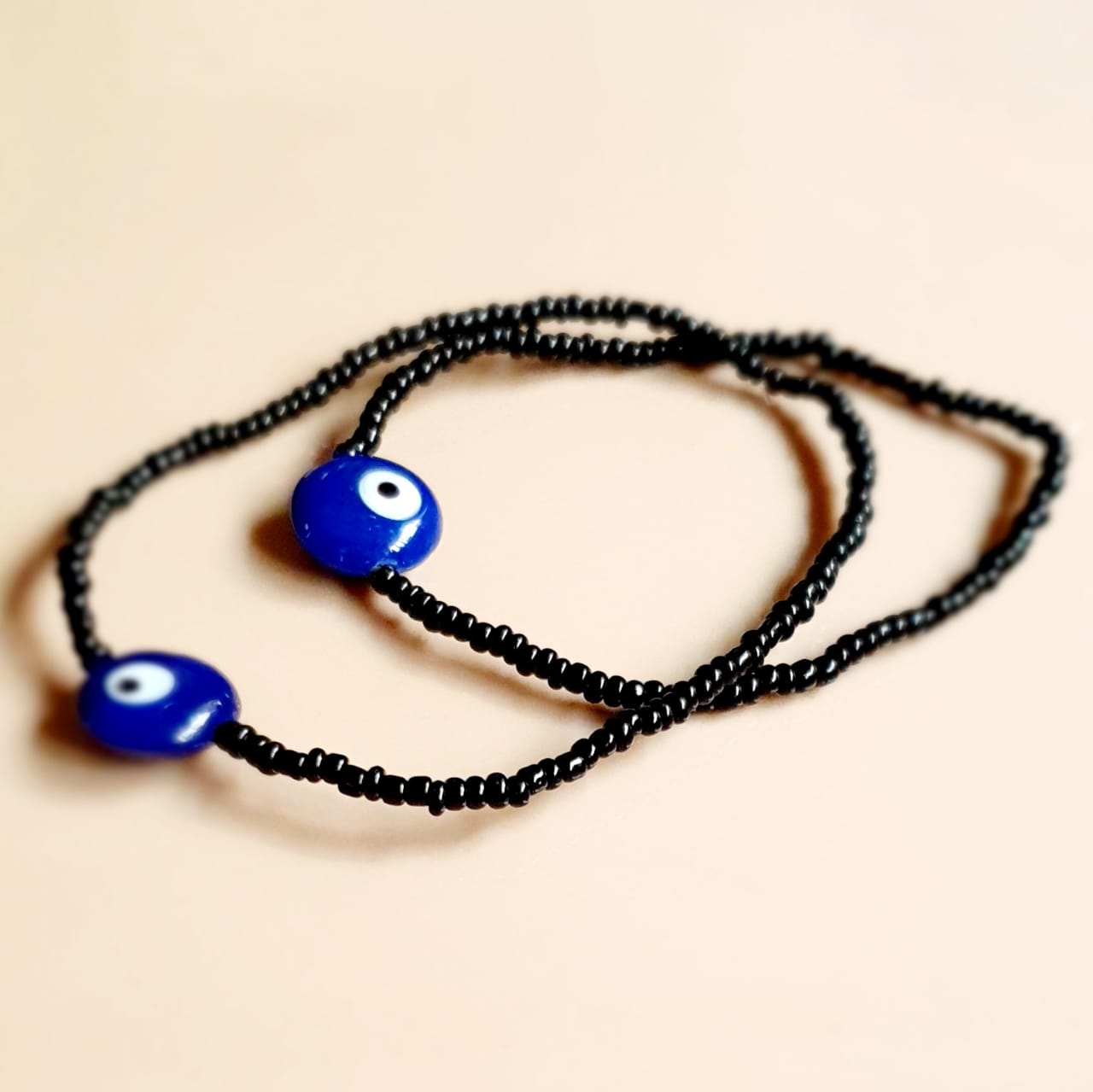 ATM Evil Eye Bracelet for Couples, Flat Blue Evil Eye with Black Beads for Good Luck and Prosperity, Nazariya, Nazar Battu, Evil Eye Charm Bracelet , Flexi Cord (2 Piece)