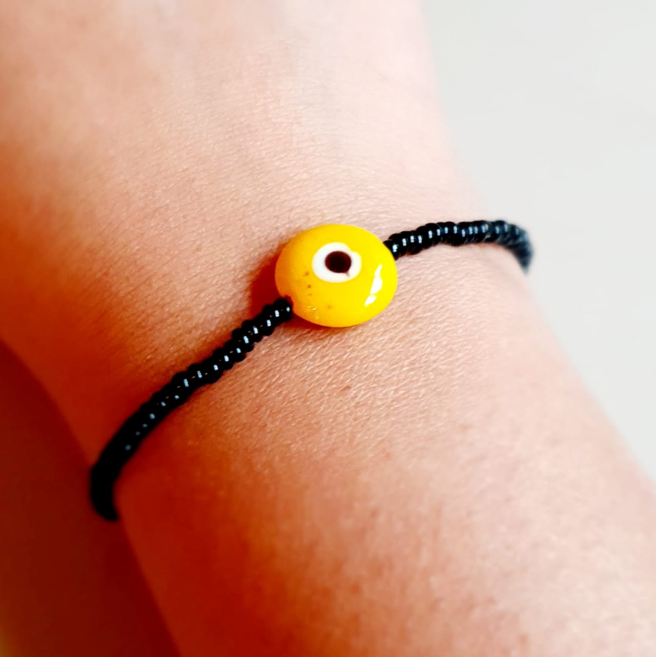 ATM Evil Eye Bracelet, Flat Yellow Evil Eye with Black Beads for Good Luck and Prosperity, Nazariya, Nazar Battu , Flexi Cord (1 Piece) (Yellow Evil Eye - Health and Concentration)
