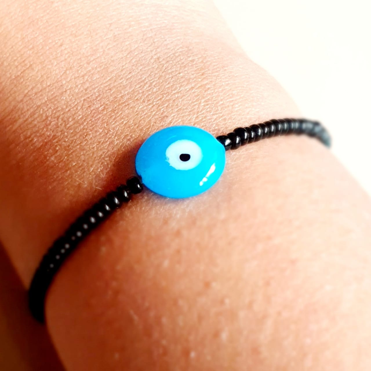 ATM Evil Eye Bracelet, Flat Light Blue Evil Eye with Black Beads for Good Luck and Prosperity, Nazariya, Nazar Battu , Flexi Cord (1 Piece) (Light Blue Evil Eye - Solitude, Protection and Peace)