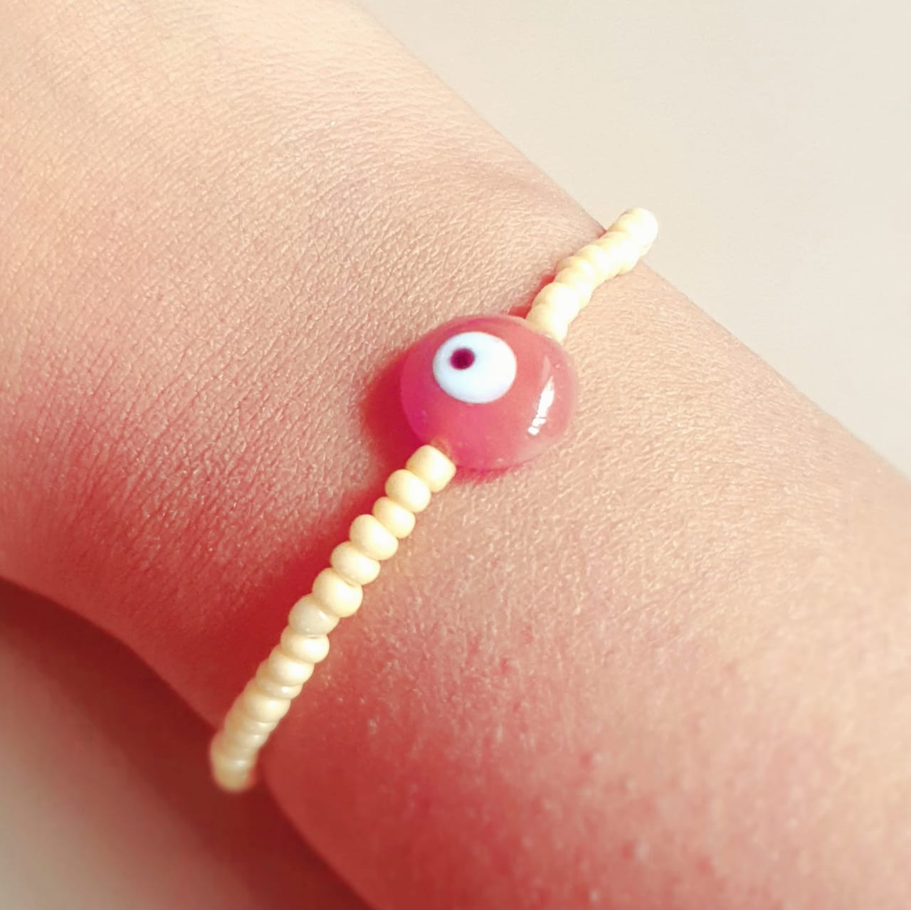 ATM Evil Eye Bracelet, Flat Light Brown Evil Eye with Cream Beads for Good Luck and Prosperity, Nazariya, Nazar Battu , Flexi Cord (1 Piece) (Light Brown Evil Eye - Order and Organisation)