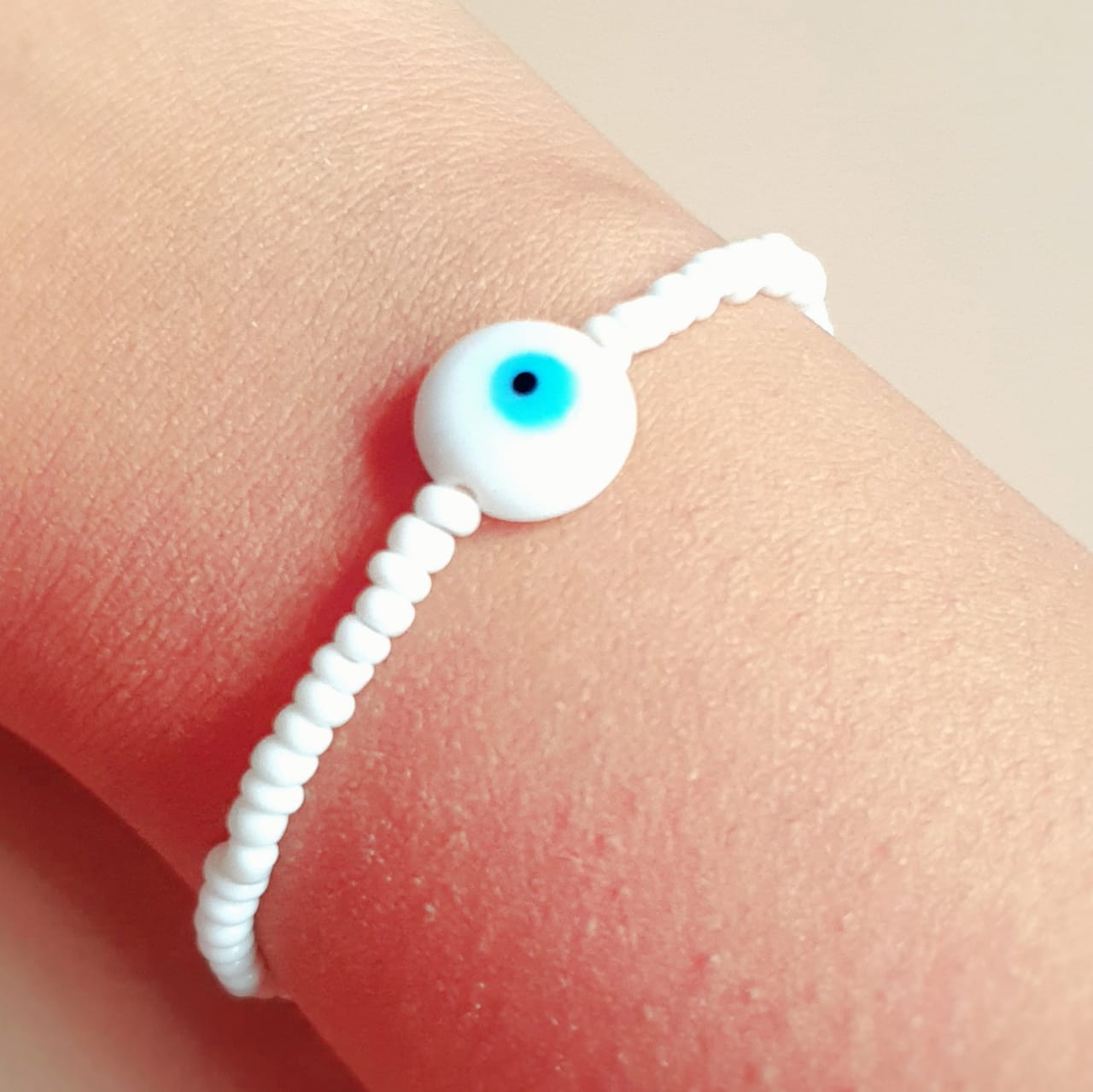 ATM Evil Eye Bracelet, Flat White Evil Eye with White Beads for Good Luck and Prosperity, Nazariya, Nazar Battu , Flexi Cord (1 Piece) (White Evil Eye - Purity, Focus and Wealth)
