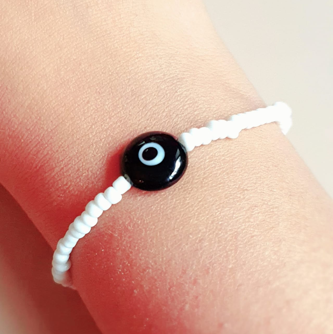 ATM Evil Eye Bracelet, Flat Black Evil Eye with White Beads for Good Luck and Prosperity, Nazariya, Nazar Battu , Flexi Cord (1 Piece) (Black Evil Eye - Power and Protection)