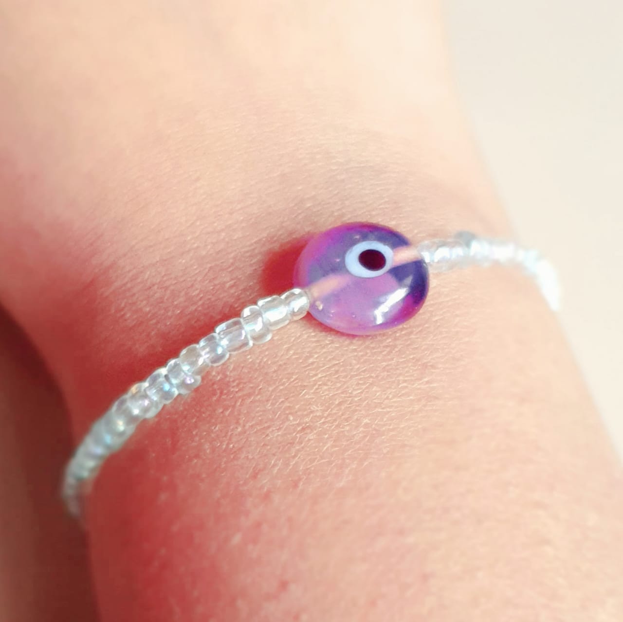ATM Evil Eye Bracelet, Flat Light Purple Evil Eye with Transparent Beads for Good Luck, Nazariya, Nazar Battu , Flexi Cord (1 Piece) (Light Purple Evil Eye - Imagination and Balance in Life)