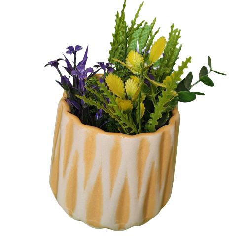 Zig Zag Lines Elegant Yellow Desk Planter, Outdoor and Indoor Planter, Ceramic Planter for Real Plants