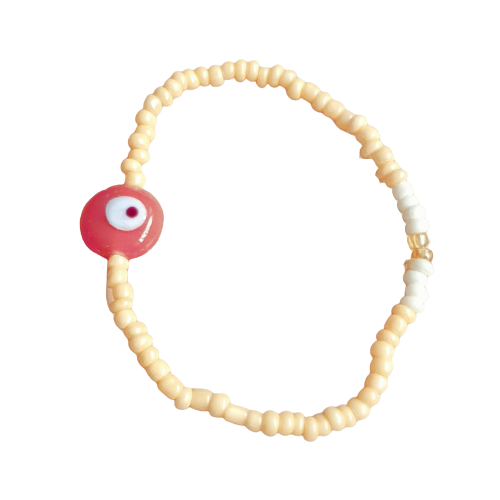 ATM Evil Eye Bracelet, Flat Light Brown Evil Eye with Cream Beads for Good Luck and Prosperity, Nazariya, Nazar Battu Flexi Cord (1 Piece) (Light