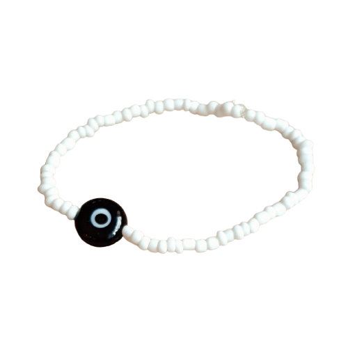 ATM Evil Eye Bracelet, Flat Black Evil Eye with White Beads for Good Luck and Prosperity, Nazariya, Nazar Battu , Flexi Cord (1 Piece) (Black Evil Eye - Power and Protection)