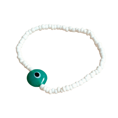 ATM Evil Eye Bracelet, Flat Turquoise Evil Eye with White Beads for Good Luck and Prosperity, Nazariya, Nazar Battu , Flexi Cord (1 Piece) (Turquoise Evil Eye - Happiness and Protection)