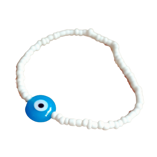 ATM Evil Eye Bracelet, Flat Light Blue Evil Eye with White Beads for Good Luck and Prosperity, Nazariya, Nazar Battu , Flexi Cord (1 Piece) (Light Blue Evil Eye - Solitude, Protection and Peace)