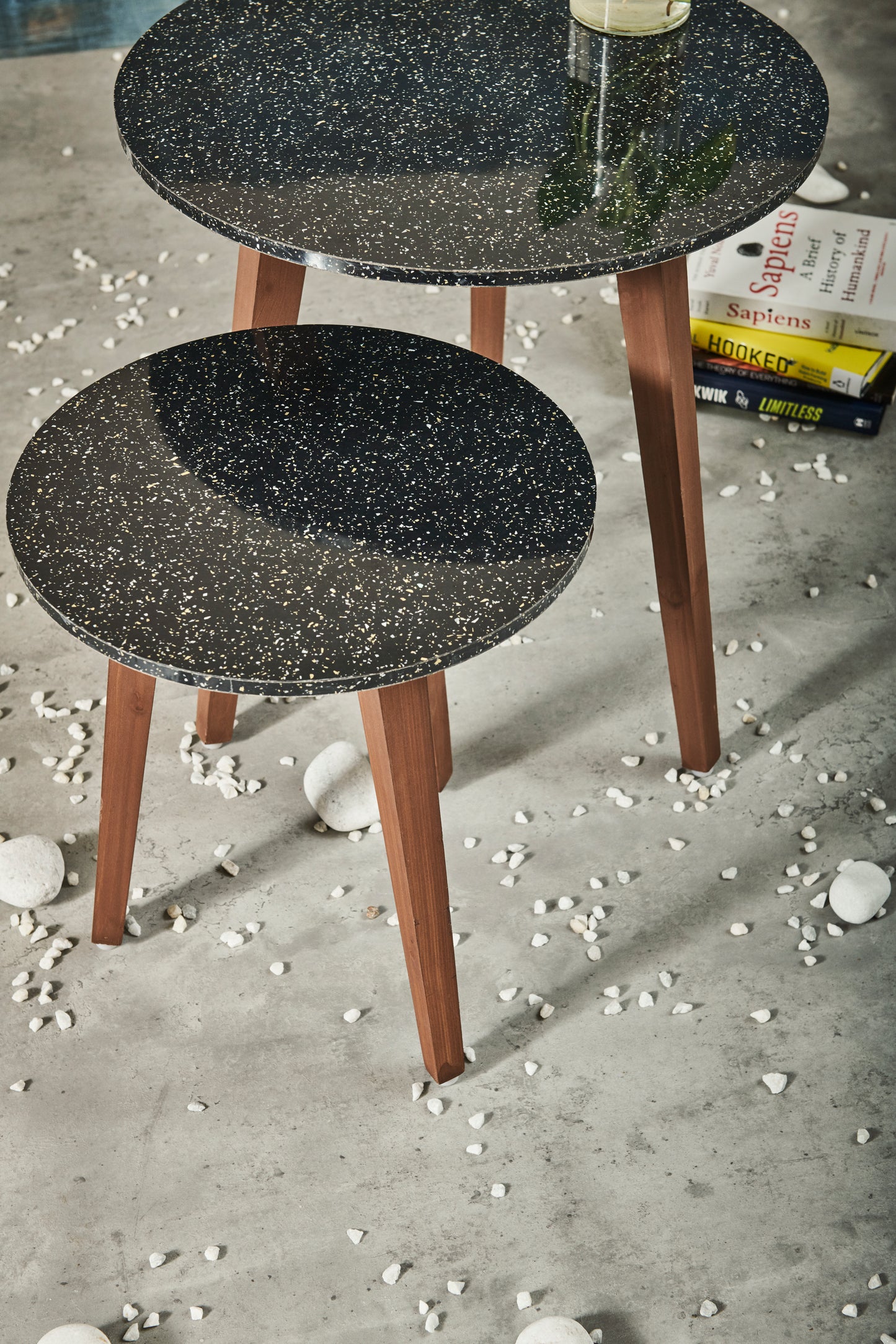 A Tiny Mistake Black Granite Finish Wooden Nesting Tables (Set of 2), Living Room Decor