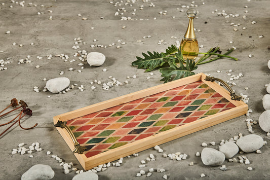 A Tiny Mistake Multicoloured Geometric Pattern Pine Tray with Handle Serving Pine Wood Tray