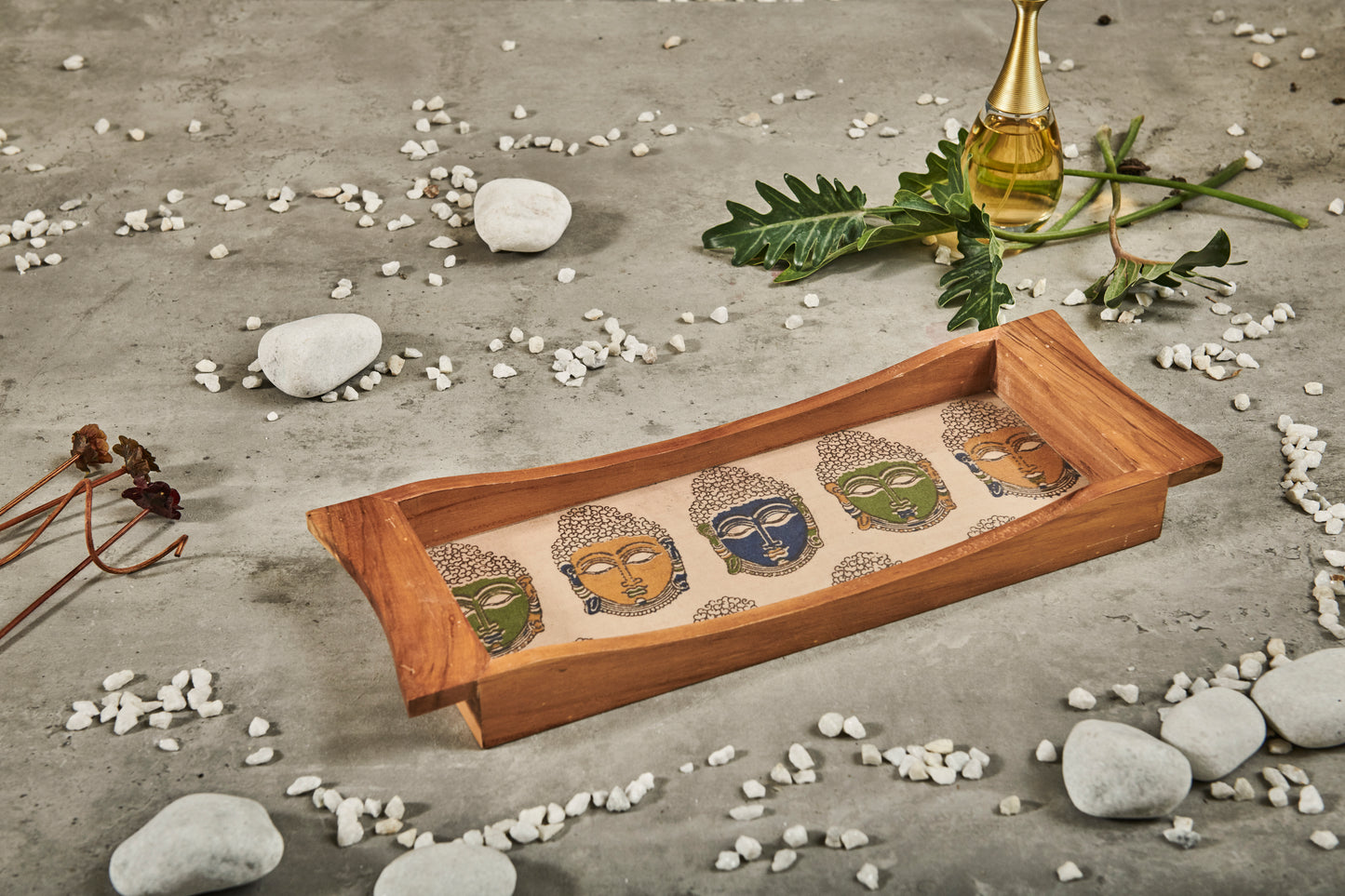 A Tiny Mistake Colourful Buddha Faces on Cream Base Boat Shaped Teak Serving Tray, Tray for Serving Tea and Snacks, 35 x 15 x 4 cm