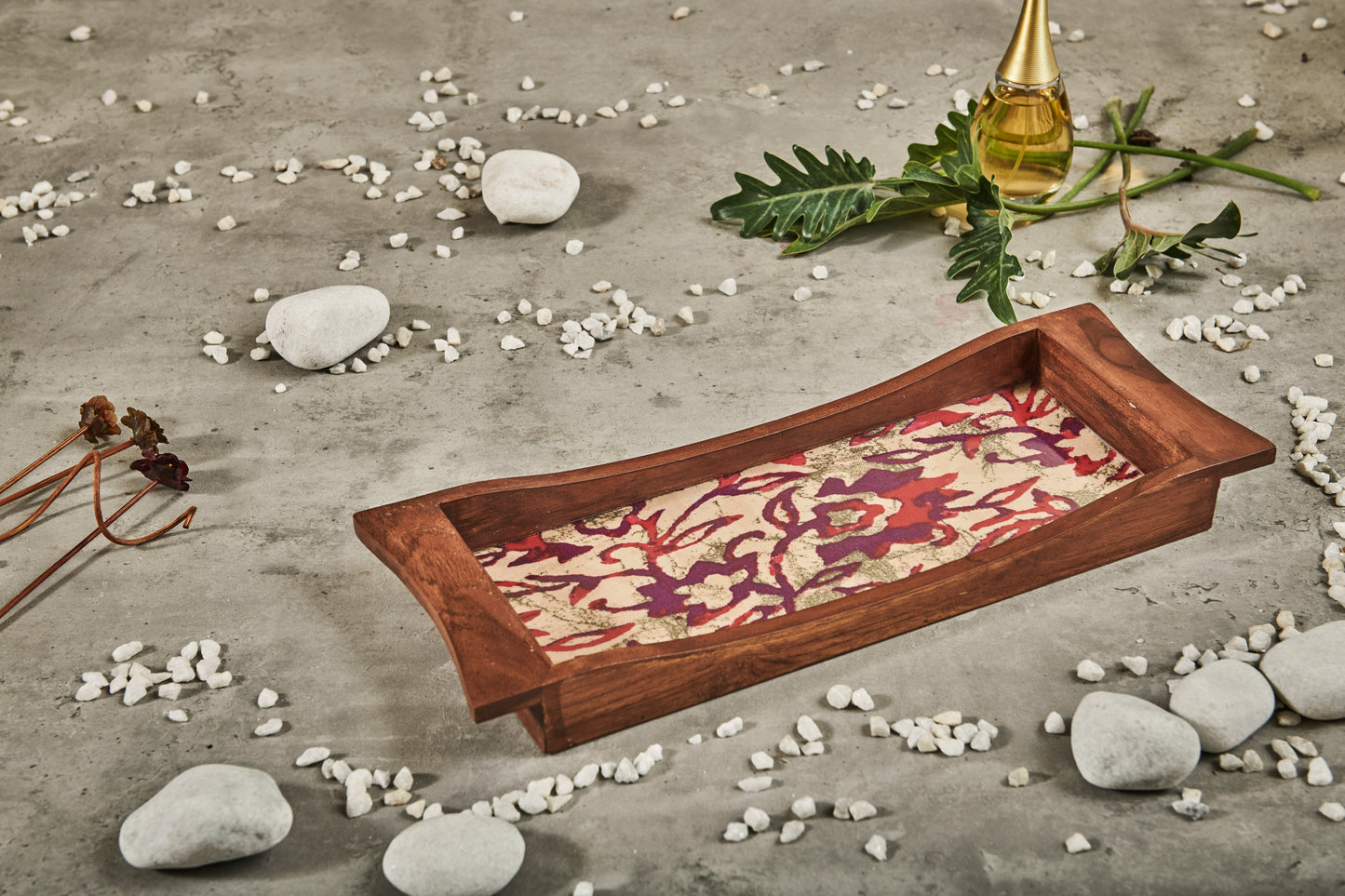 A Tiny Mistake Purple and Pink Floral Pattern Boat Shaped Teak Serving Tray, Tray for Serving Tea and Snacks, 35 x 15 x 4 cm