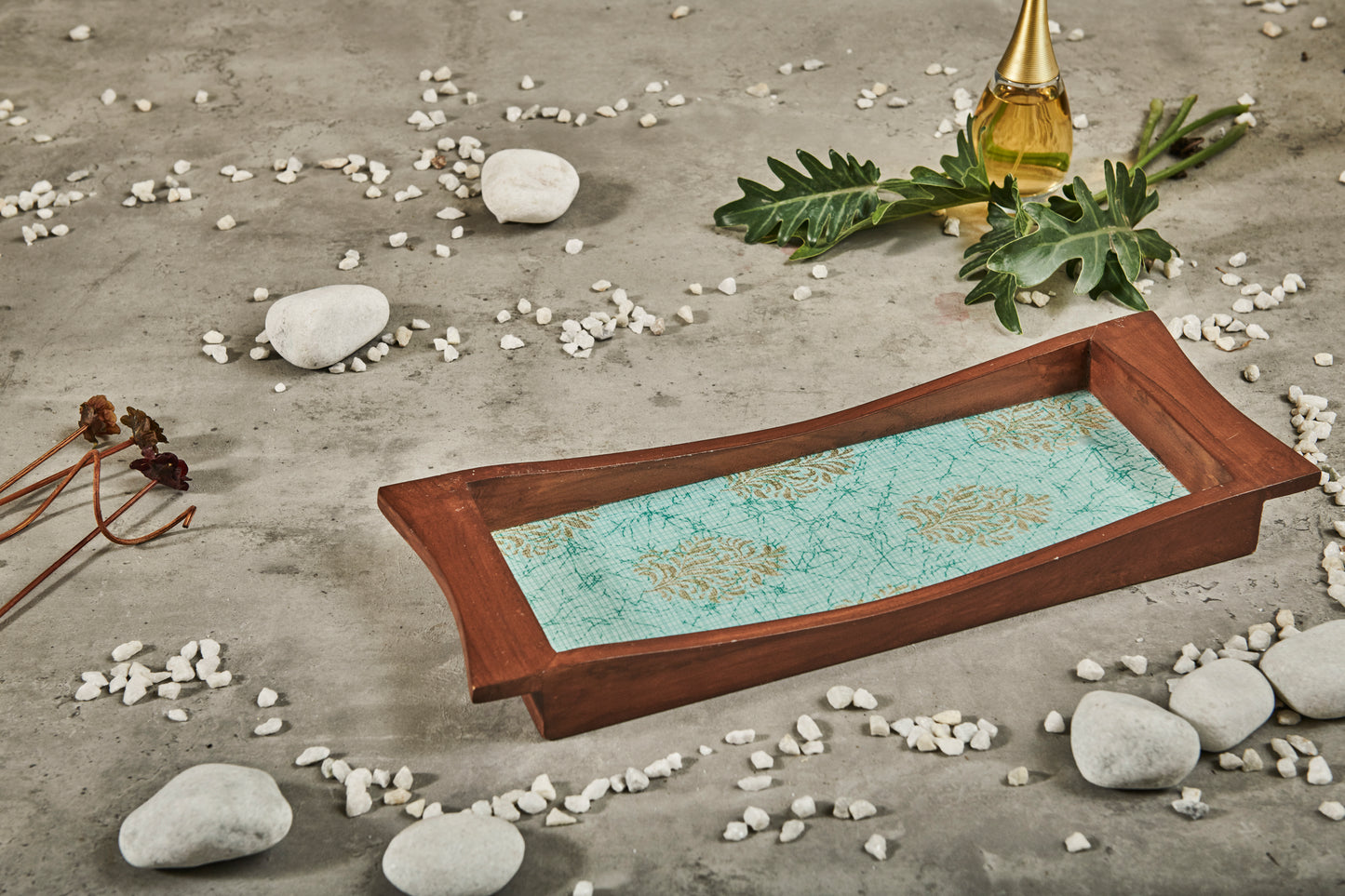 A Tiny Mistake Golden Motifs Pastel Blue Base Boat Shaped Teak Serving Tray, Tray for Serving Tea and Snacks, 35 x 15 x 4 cm