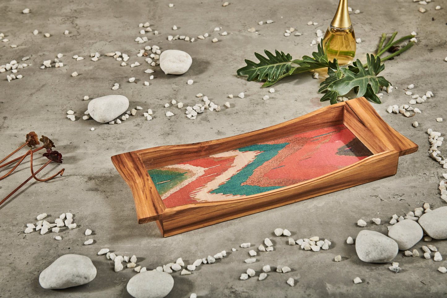 A Tiny Mistake Vibrant Ikat Print Boat Shaped Teak Serving Tray, Tray for Serving Tea and Snacks, 35 x 15 x 4 cm