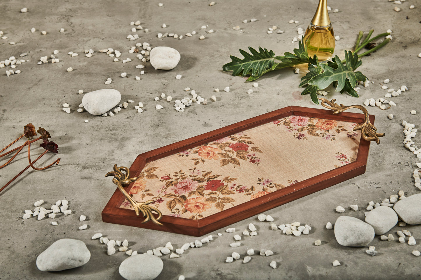 A Tiny Mistake Flowers Pattern Diamond Shaped Teak Serving Tray with Brass Handle, Tray for Serving Tea and Snacks, 49 x 20 x 2 cm
