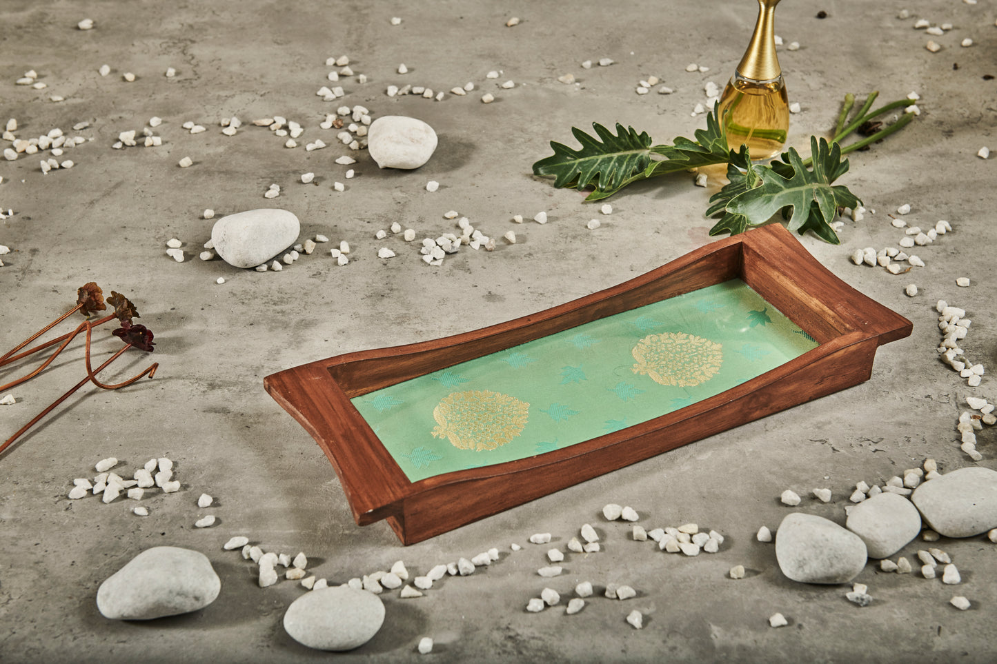 A Tiny Mistake Elegant Green Brocade Boat Shaped Teak Serving Tray, Tray for Serving Tea and Snacks, 35 x 15 x 4 cm