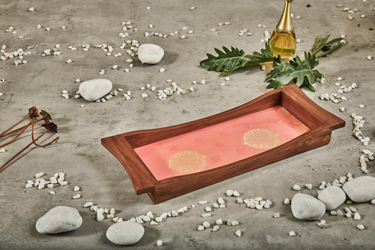 A Tiny Mistake Elegant Orange Brocade Boat Shaped Teak Serving Tray, Tray for Serving Tea and Snacks, 35 x 15 x 4 cm