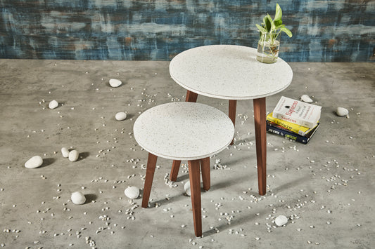 A Tiny Mistake White Granite Finish Wooden Nesting Tables (Set of 2), Living Room Decor