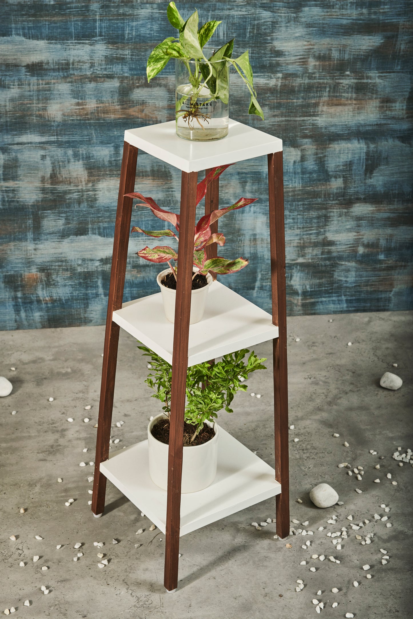 A Tiny Mistake Square Four Legged Tapering Three Tier Decorative Stand (Three Tiers) (White Base with Dark Legs)