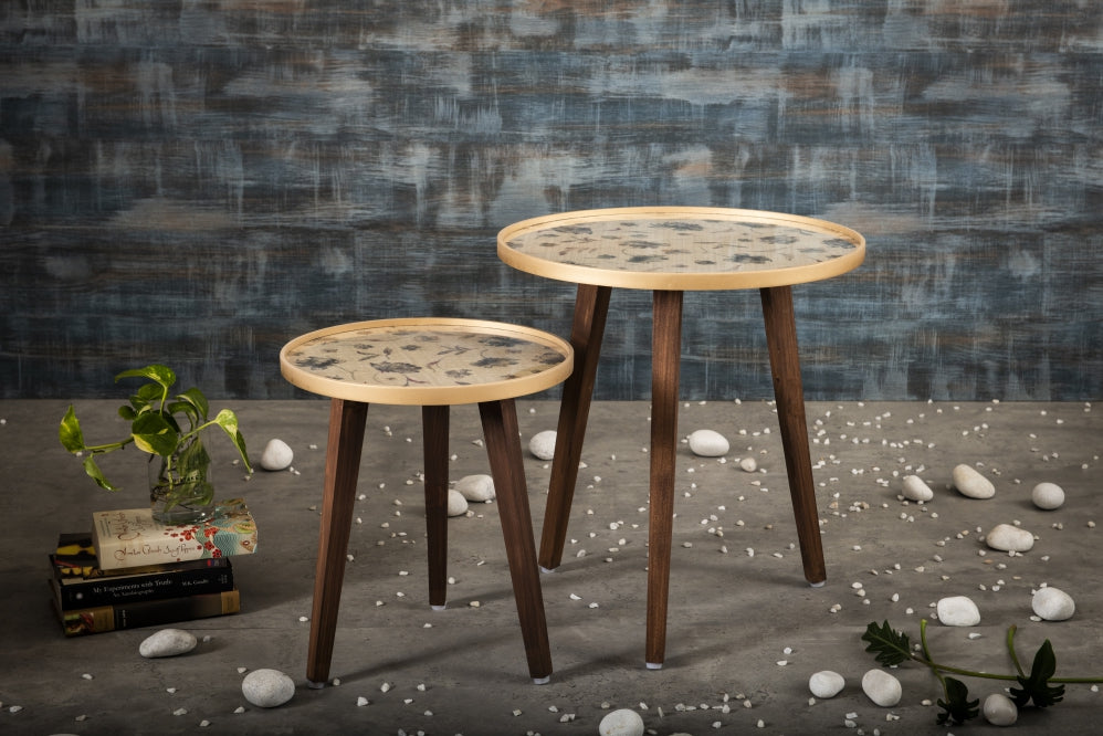 A Tiny Mistake Floral Beige Wooden Nesting Tables (Set of 2), Living Room Decor