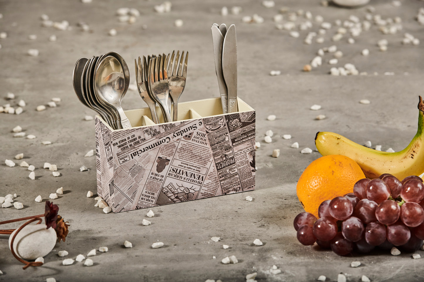 A Tiny Mistake Vintage Newspaper Wooden Cutlery Holder, 18 x 10 x 6.5 cm