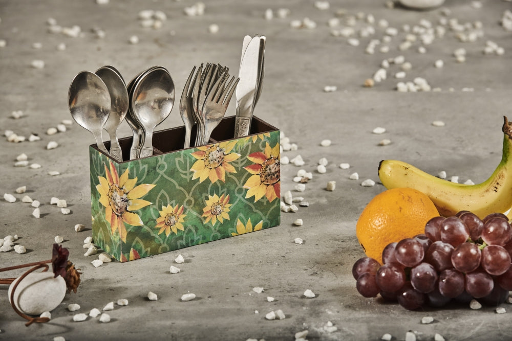 A Tiny Mistake Sunflowers Wooden Cutlery Holder, 18 x 10 x 6.5 cm