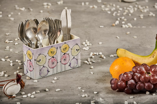 A Tiny Mistake Floral Caricature Birds Wooden Cutlery Holder, 18 x 10 x 6.5 cm