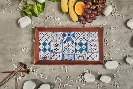 A Tiny Mistake Turkish Blue Tiles Rectangle Wooden Serving Tray, 35 x 20 x 2 cm