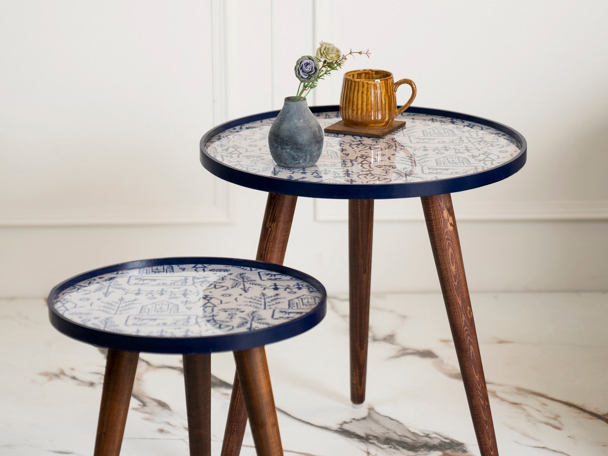 Warli Chitra Round Nesting Tables with Wooden Legs, Side Tables, Wooden Tables, Living Room Decor by A Tiny Mistake