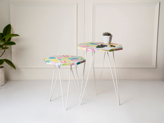 Tiny Doodles Octagon Nesting Tables with Hairpin Legs, Side Tables, Wooden Tables, Living Room Decor by A Tiny Mistake
