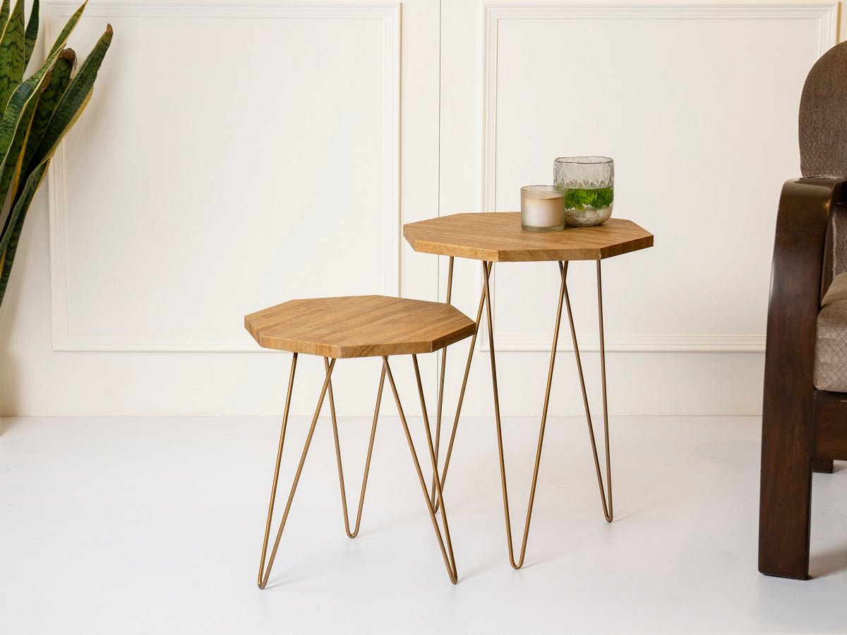 Hicon Stack Table Gold Stacks Octagon Nesting Tables with Hairpin Legs, Side Tables, Woo ...