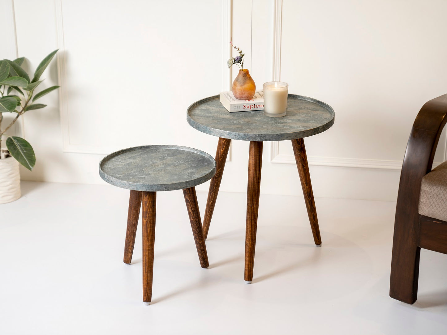 Teal Rain Round Nesting Tables with Wooden Legs, Side Tables, Wooden Tables, Living Room Decor by A Tiny Mistake
