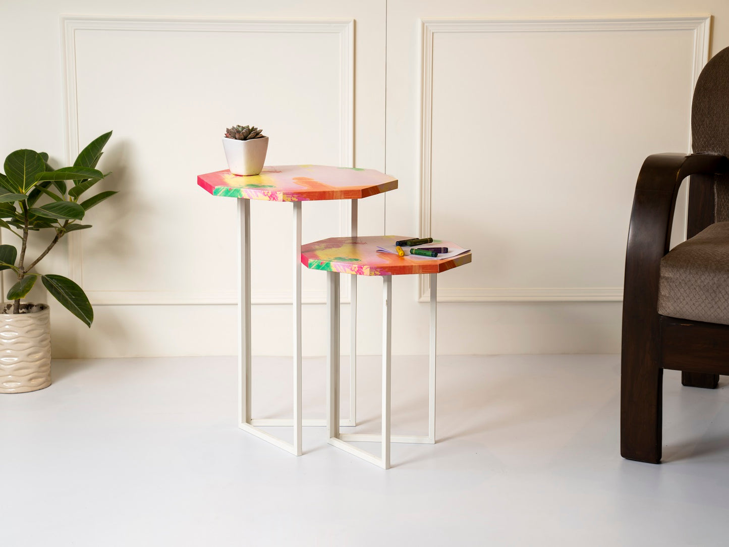 Neon Octagon Oblique Nesting Tables, Side Tables, Wooden Tables, Living Room Decor by A Tiny Mistake