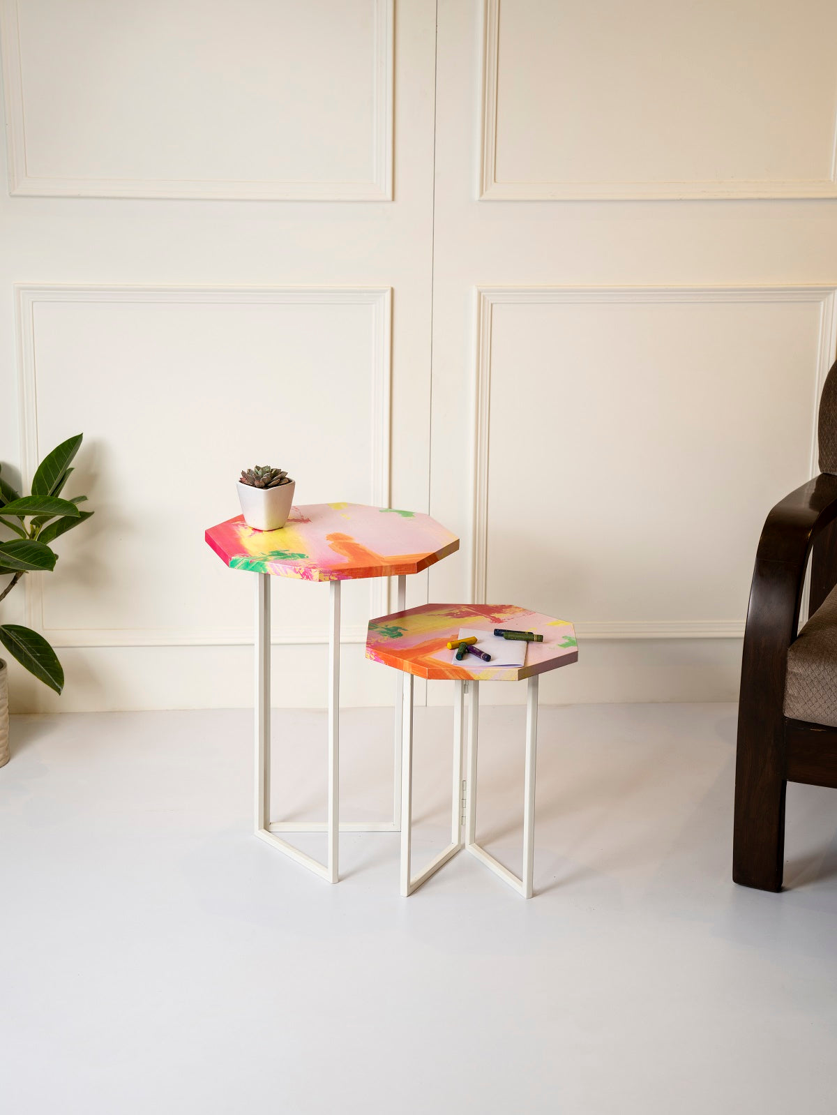 Neon Octagon Oblique Nesting Tables, Side Tables, Wooden Tables, Living Room Decor by A Tiny Mistake