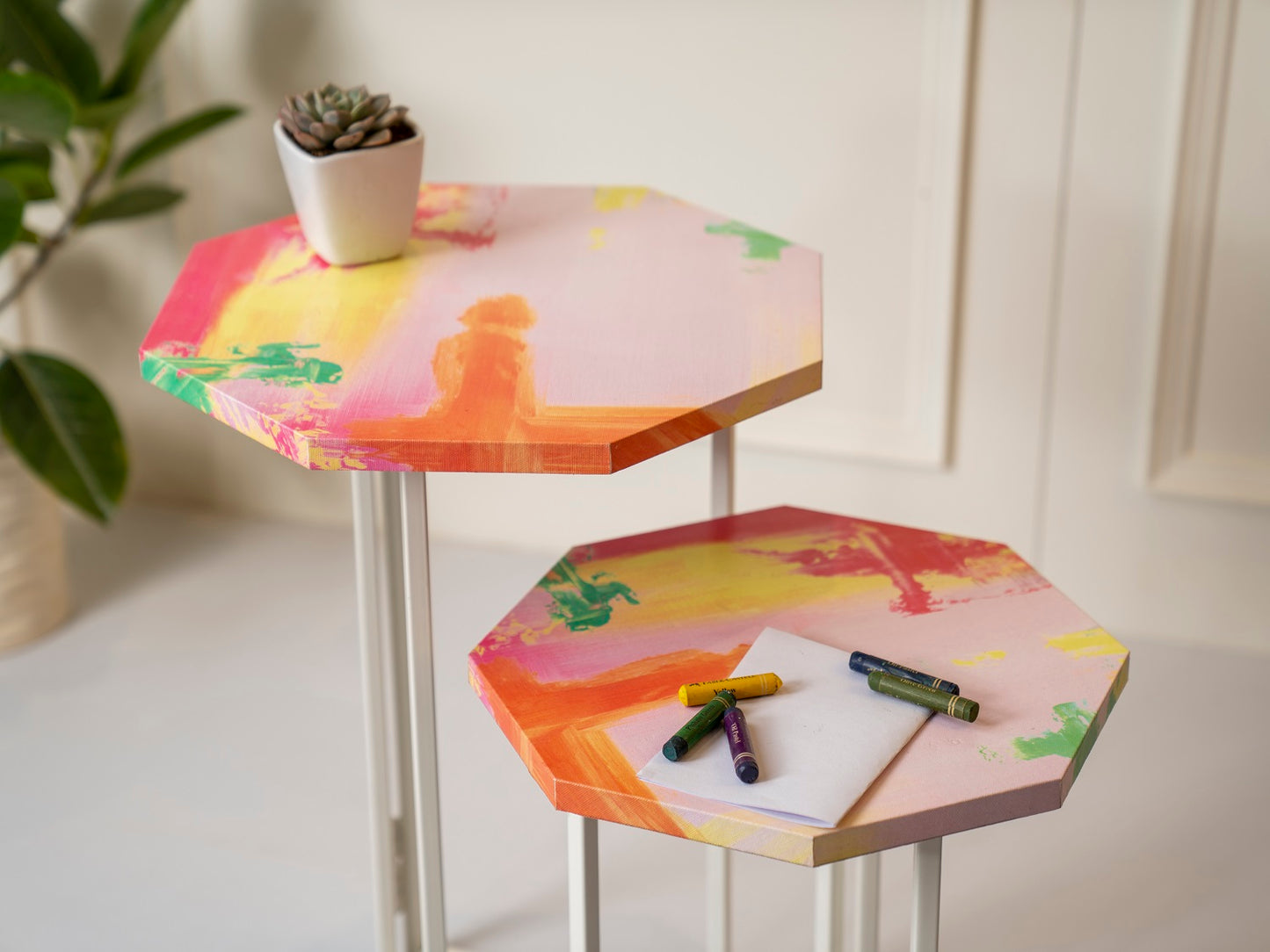 Neon Octagon Oblique Nesting Tables, Side Tables, Wooden Tables, Living Room Decor by A Tiny Mistake