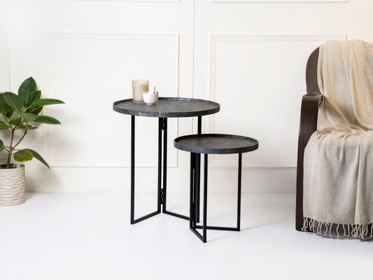 Transcendent Tinge Dark Blue Round Oblique Nesting Tables, Side Tables, Wooden Tables, Living Room Decor by A Tiny Mistake