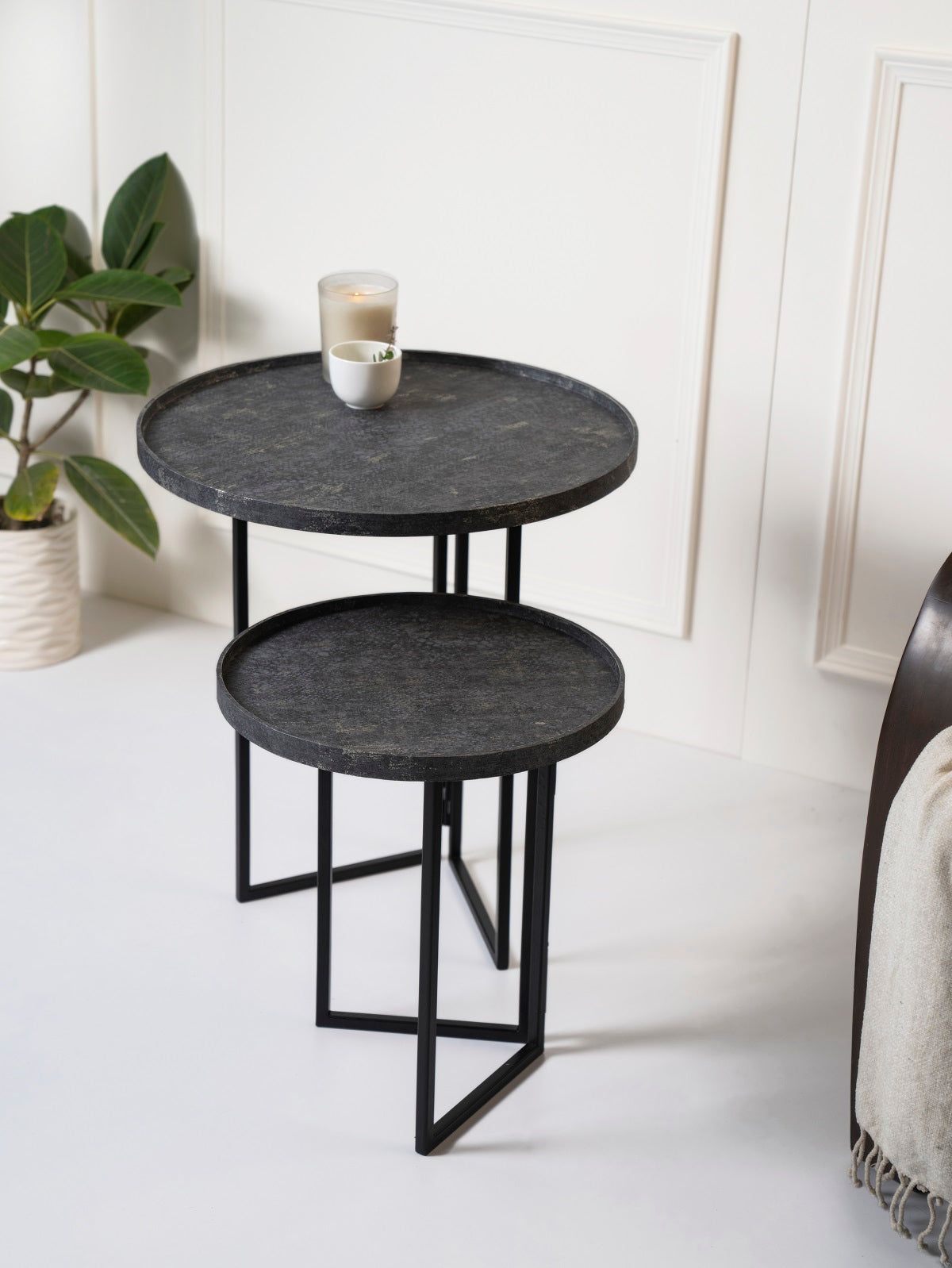 Transcendent Tinge Dark Blue Round Oblique Nesting Tables, Side Tables, Wooden Tables, Living Room Decor by A Tiny Mistake