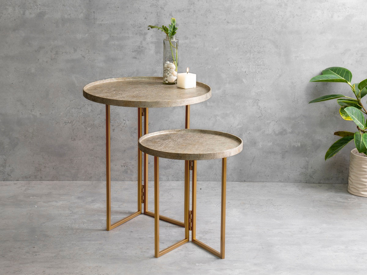 Transcendent Tinge Dark Gold Round Oblique Nesting Tables, Side Tables, Wooden Tables, Living Room Decor by A Tiny Mistake