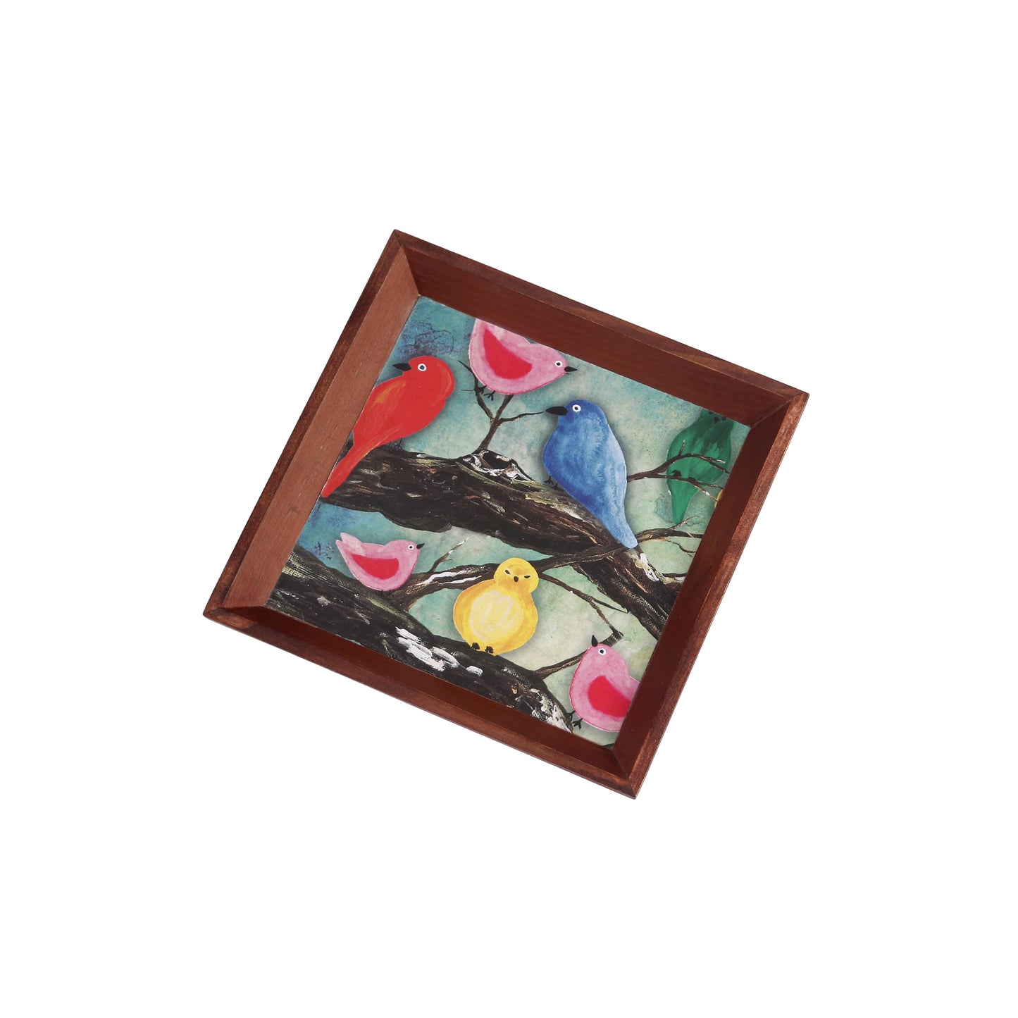 A Tiny Mistake Birds on a Branch Small Square Wooden Serving Tray, 18 x 18 x 2 cm