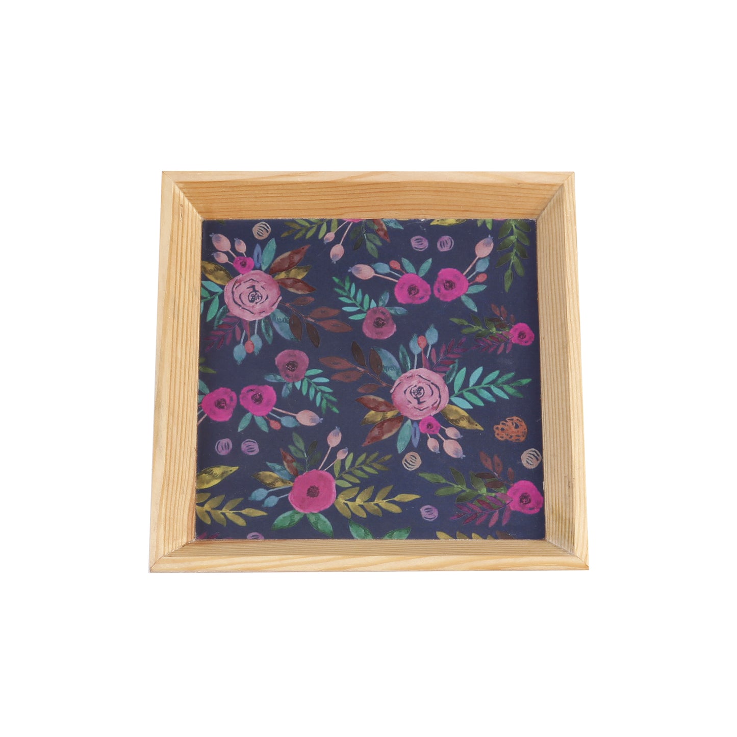 A Tiny Mistake Blue Floral Pattern Small Square Wooden Serving Tray, 18 x 18 x 2 cm
