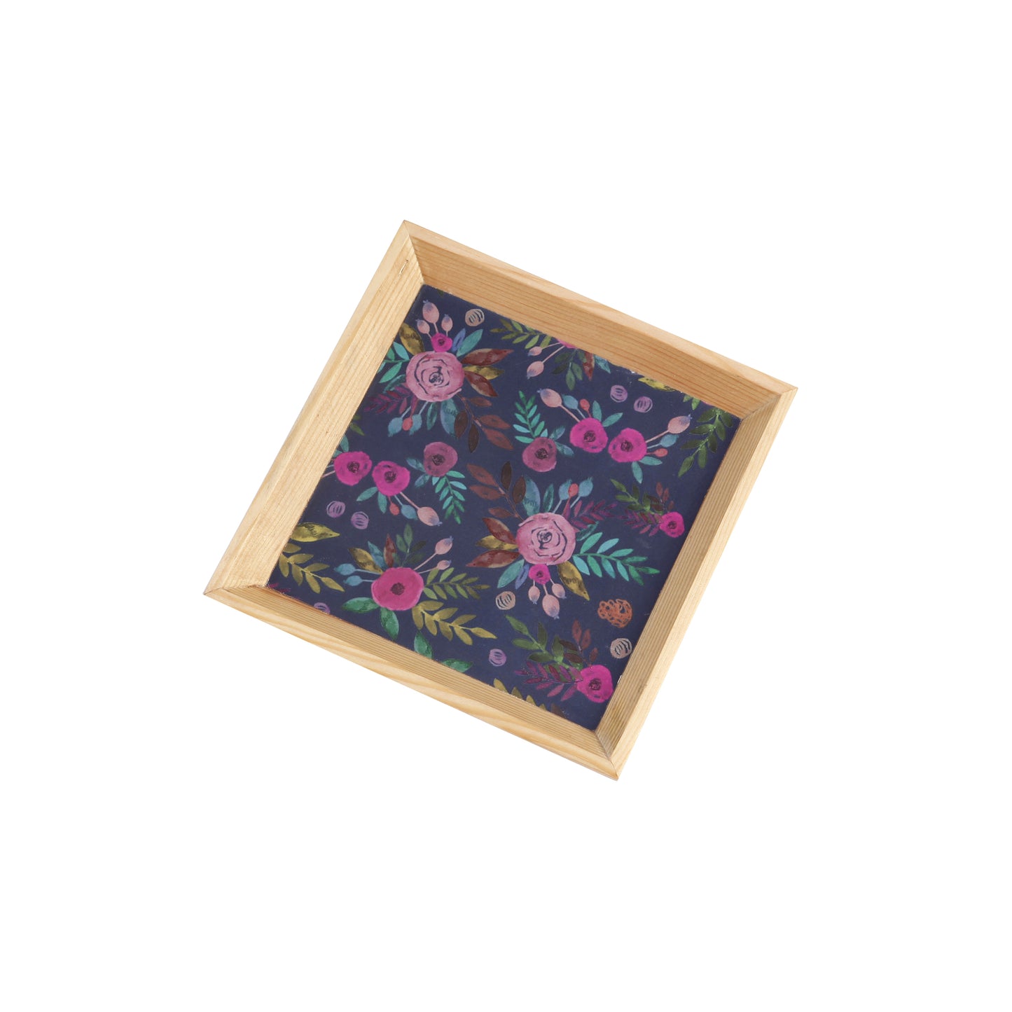 A Tiny Mistake Blue Floral Pattern Small Square Wooden Serving Tray, 18 x 18 x 2 cm