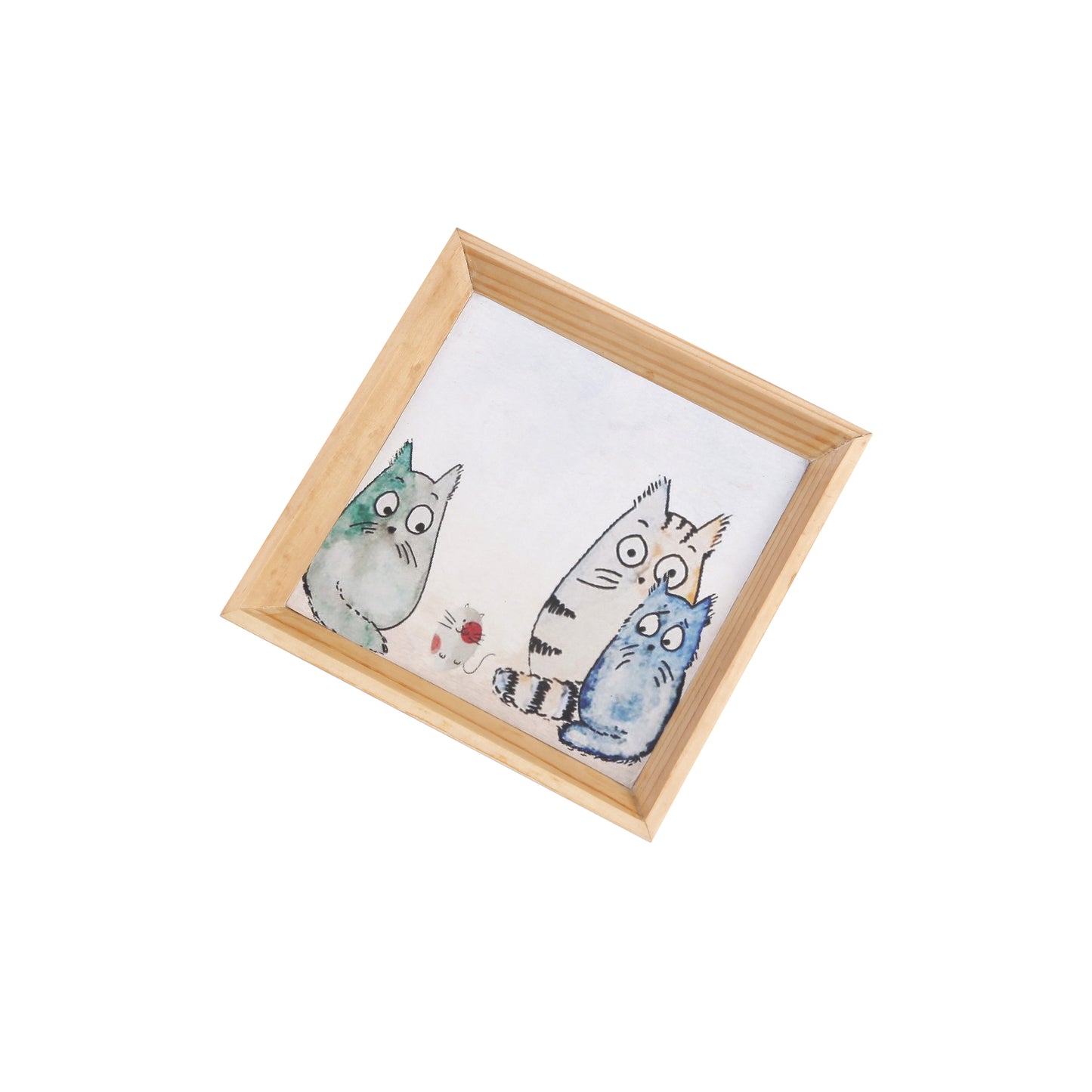 A Tiny Mistake Happy Cats Small Square Wooden Serving Tray, 18 x 18 x 2 cm