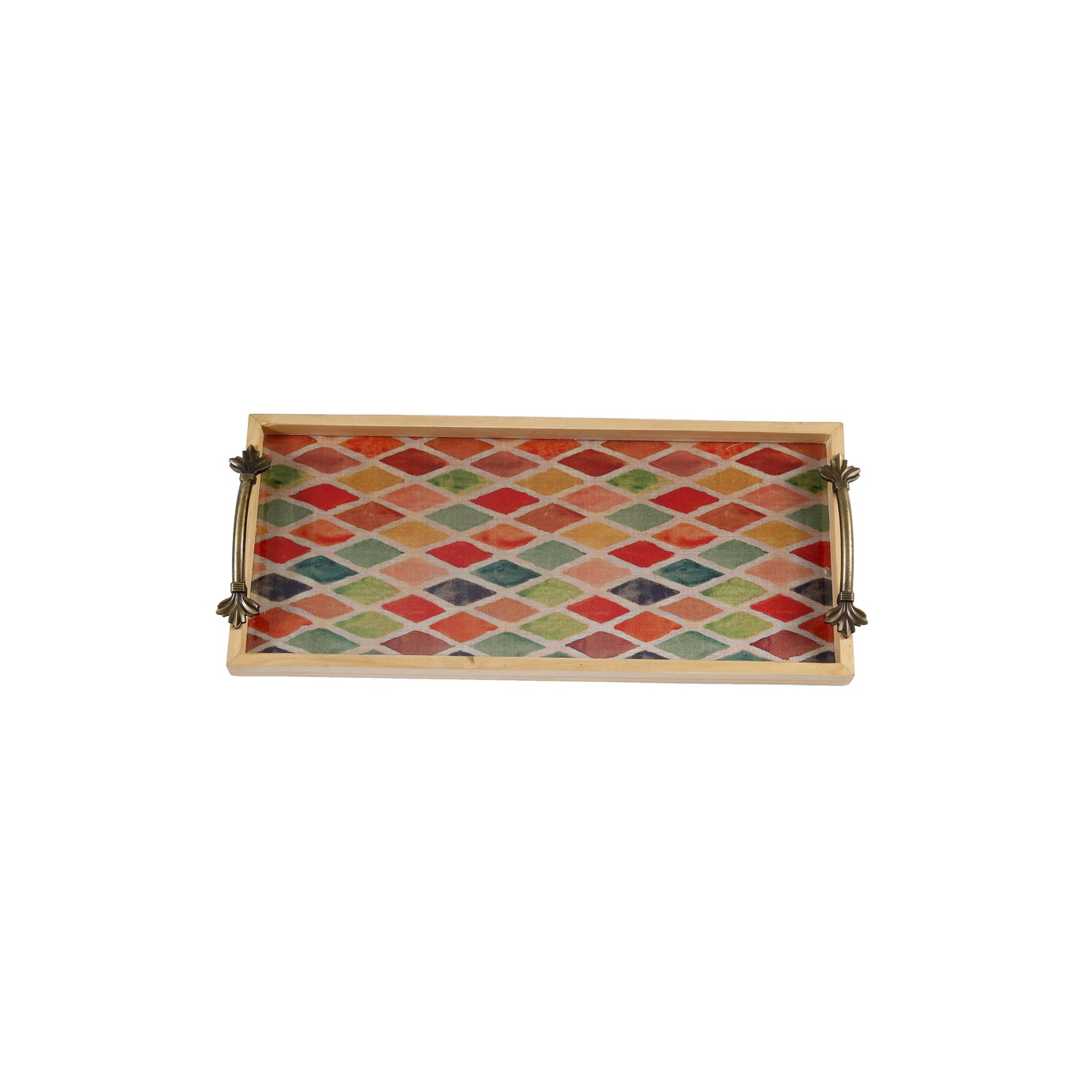 A Tiny Mistake Multicoloured Geometric Pattern Pine Tray with Handle Serving Pine Wood Tray